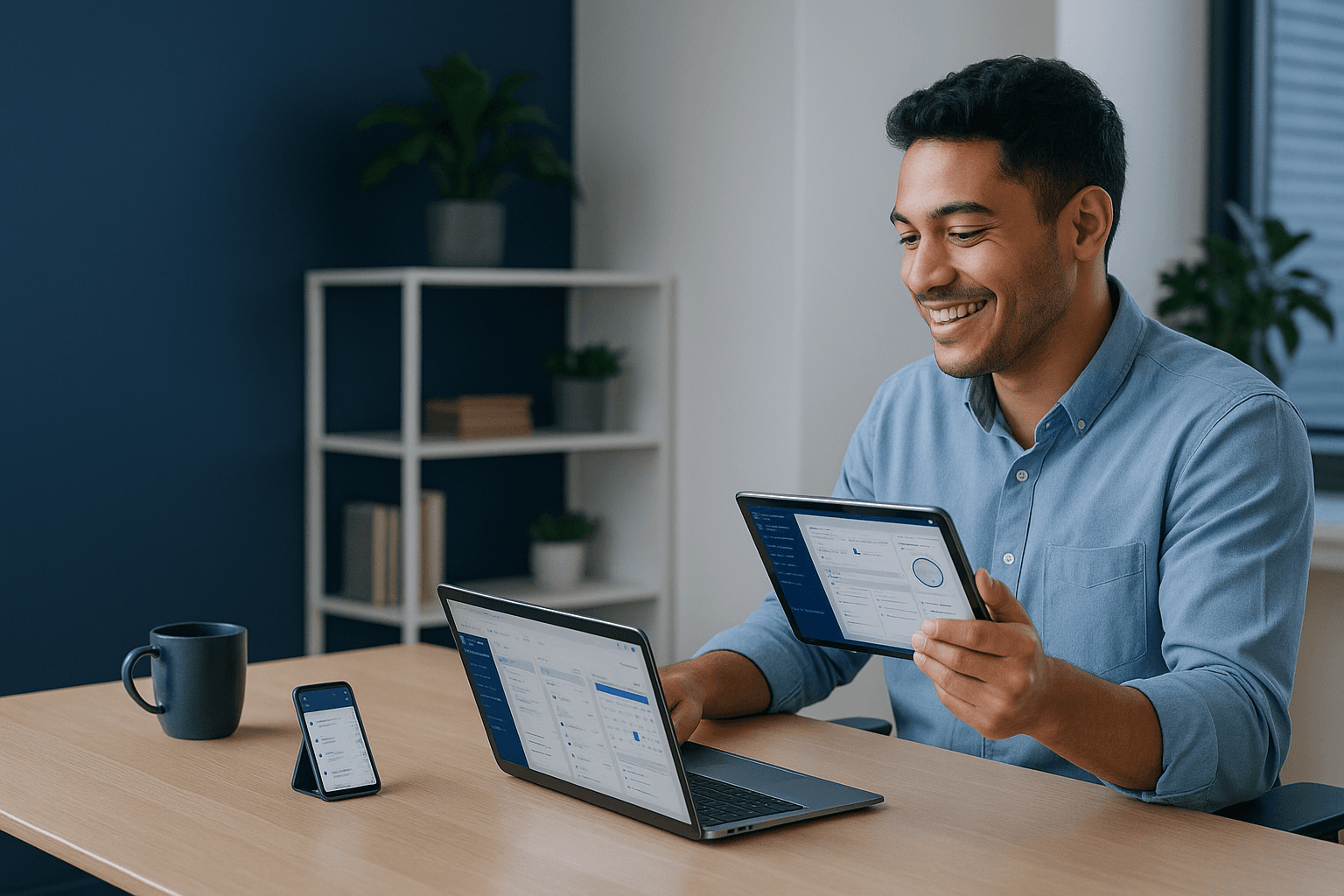 Happy customer in modern workspace