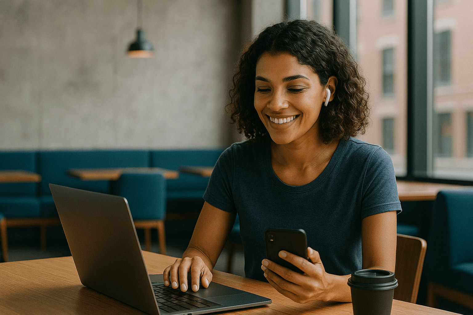Lifestyle imagery showing synced screens