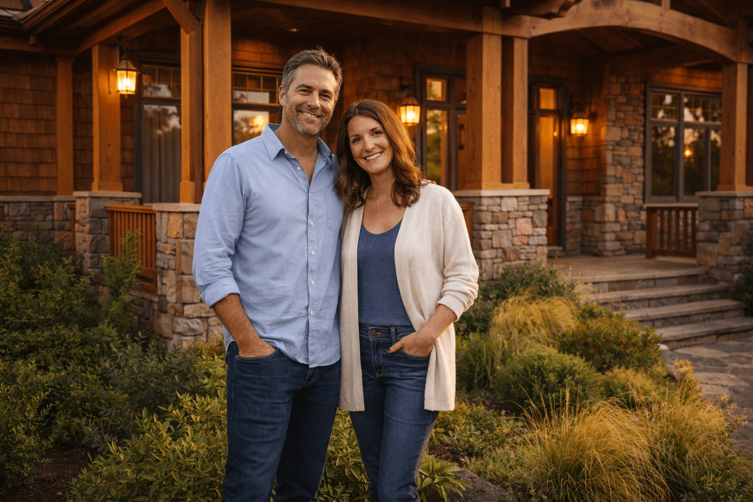Hearthstone Custom Homes — satisfied clients in front of their completed craftsman home